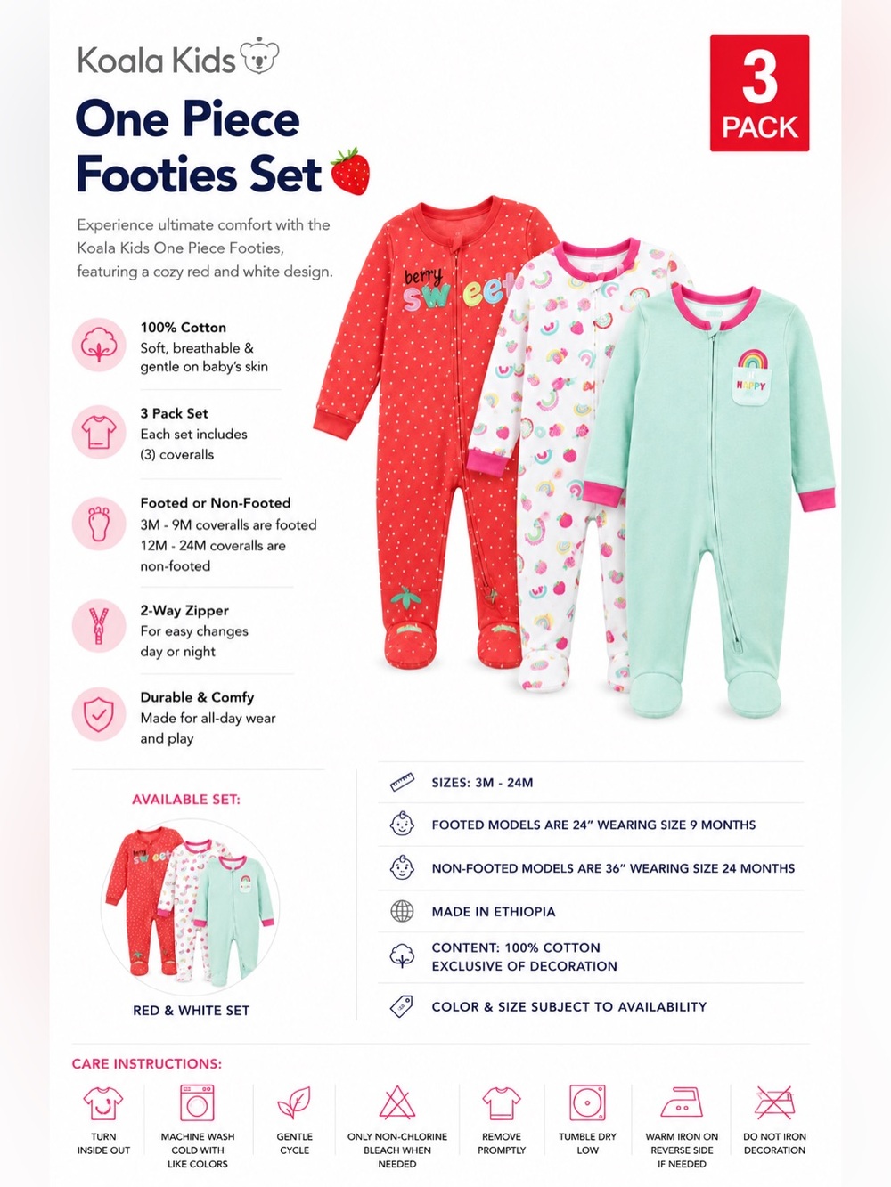 Koala Kids Red and White Footies One Piece Set 🍓